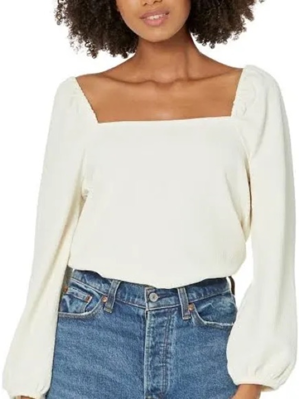Madewell Crepe Square-Neck Puff-Sleeve Long Blouse - Antique Cream Coquette M